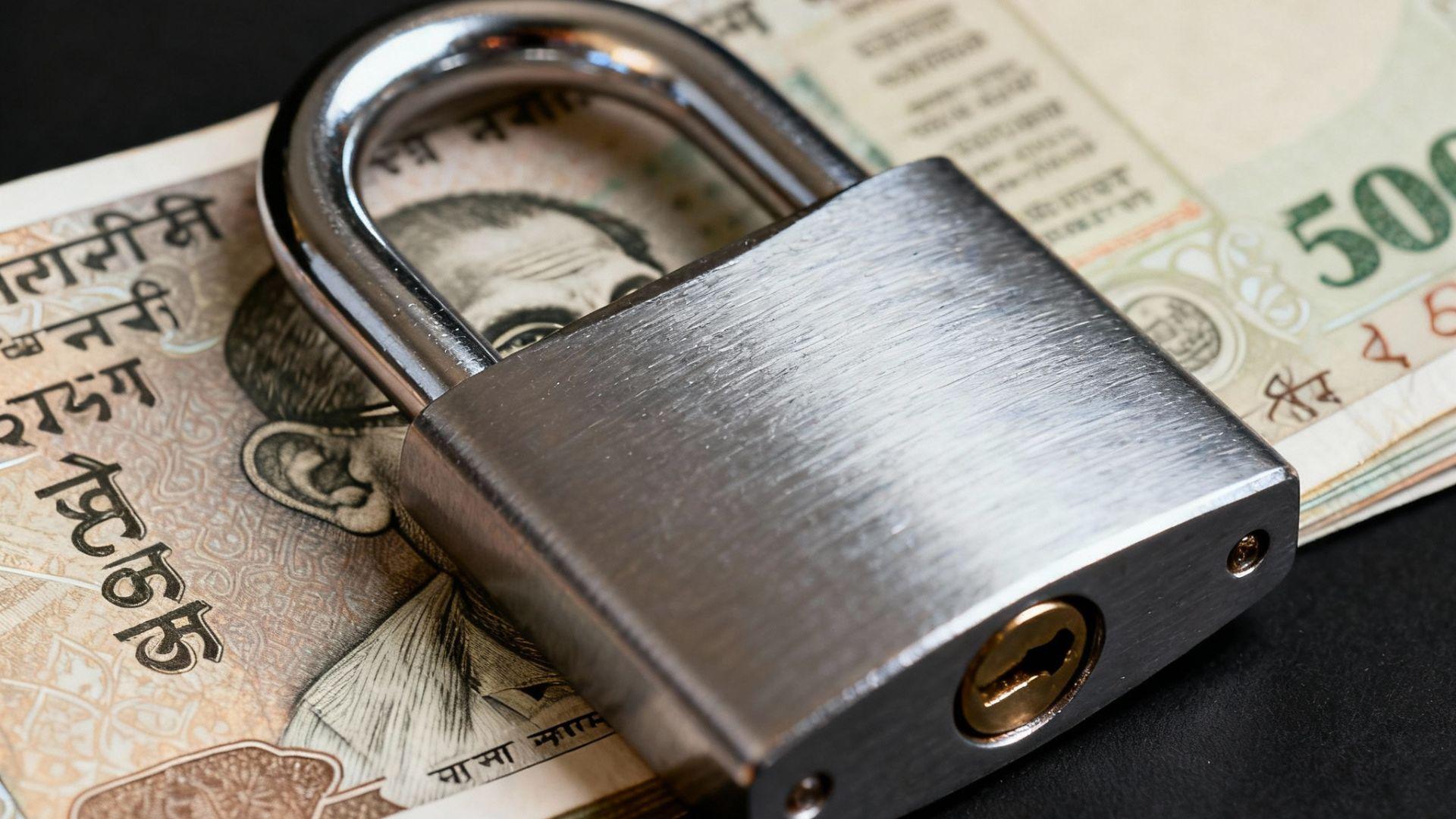 Indian currency locked behind a chain and padlock, representing unclaimed assets.