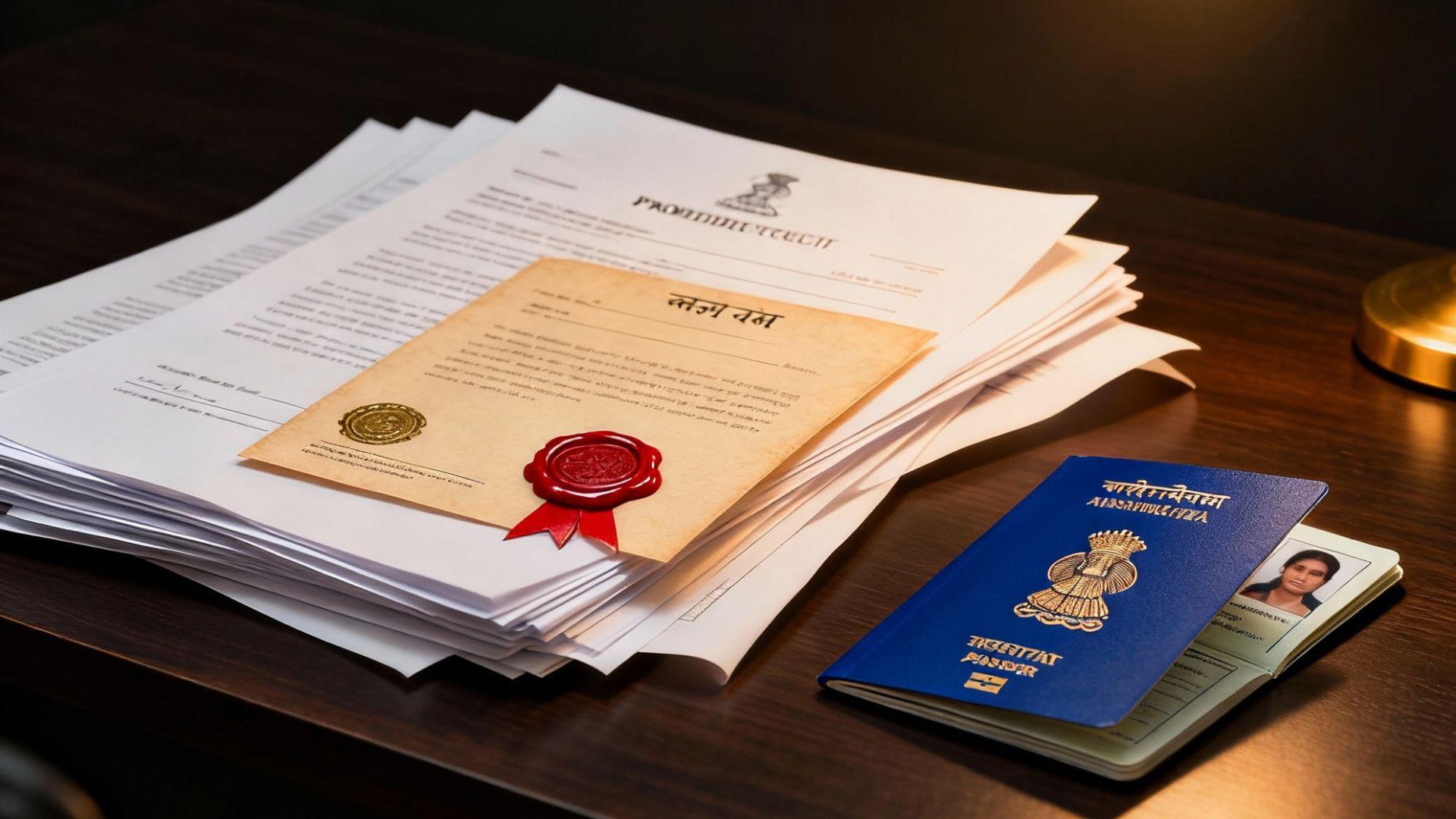 An Indian passport next to a stack of legal documents with a wax seal.